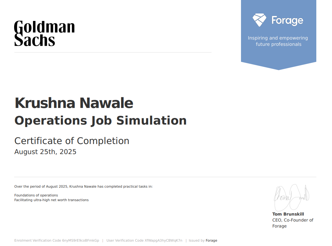 Goldman Sachs Operations Simulation certificate