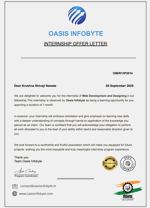 OASIS INFOBYTE Web Development Internship certificate