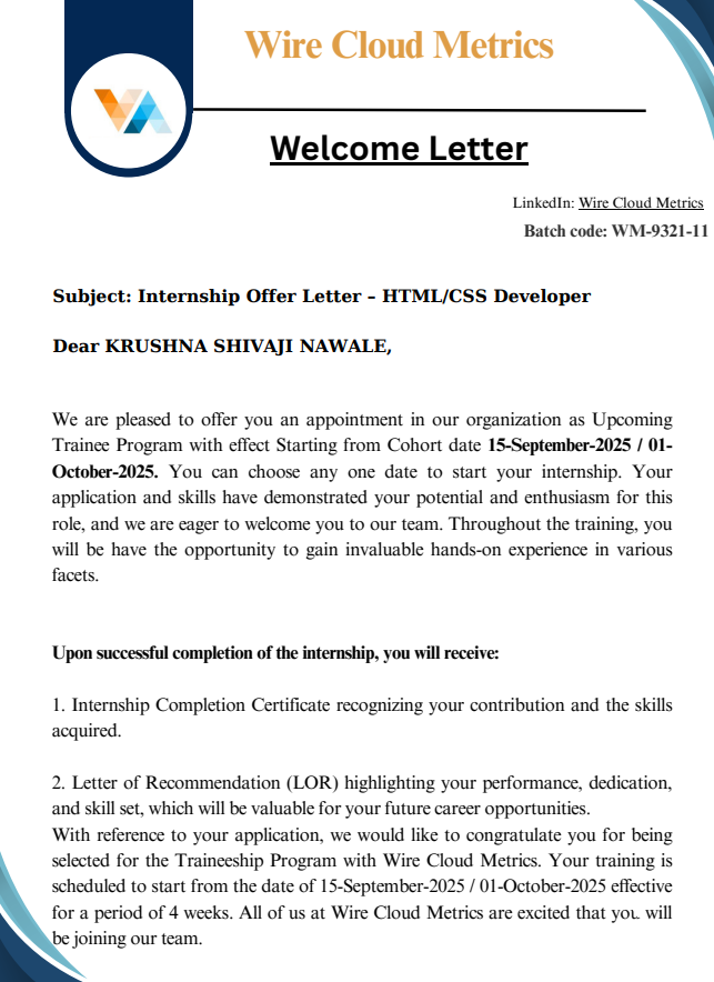 Wire Cloud Metrics Internship Offer certificate